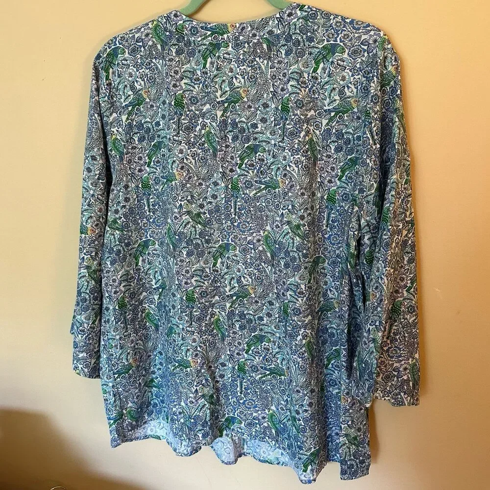 J. Jill Blue Tropical Birds & Botanical Print Woven Linen Blend Top Size Large
